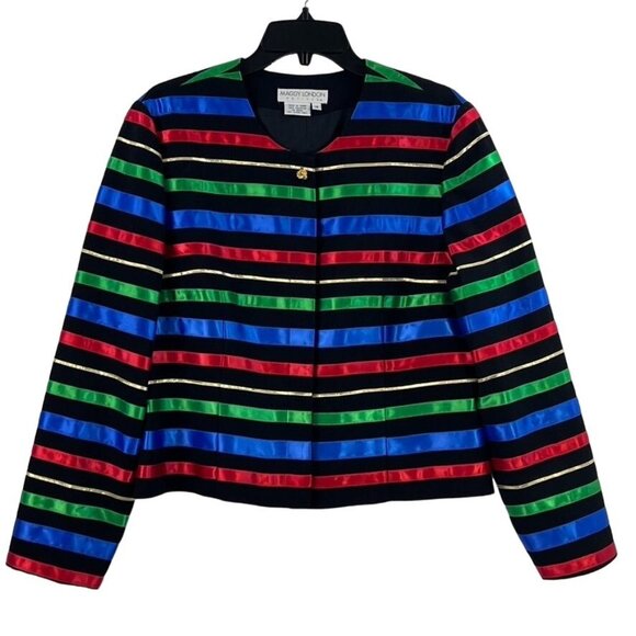 Maggy London Petites Womens Striped Jacket Sz P14 Long Sleeve Party Cocktail - Picture 1 of 9